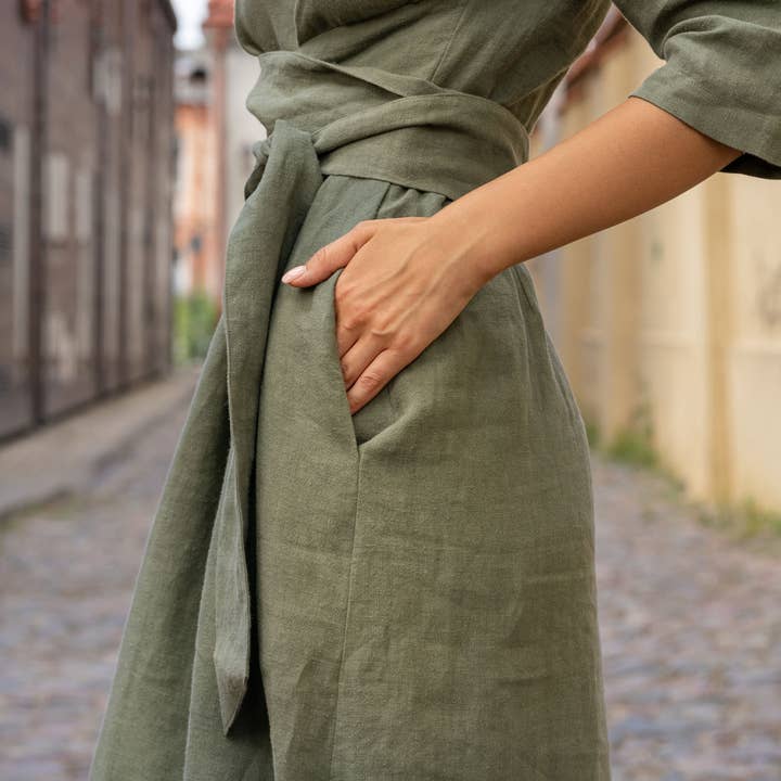 menique - Wholesale Dress - Women's - Linen Dress 3/4 Sleeve Obi Wrap Dress Miley - Summer Dress