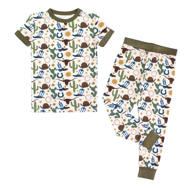 Beige/Multi Hallo Western Bamboe Korte Mouw Kinderen Pyjamabroek Set voor groothandel op Faire