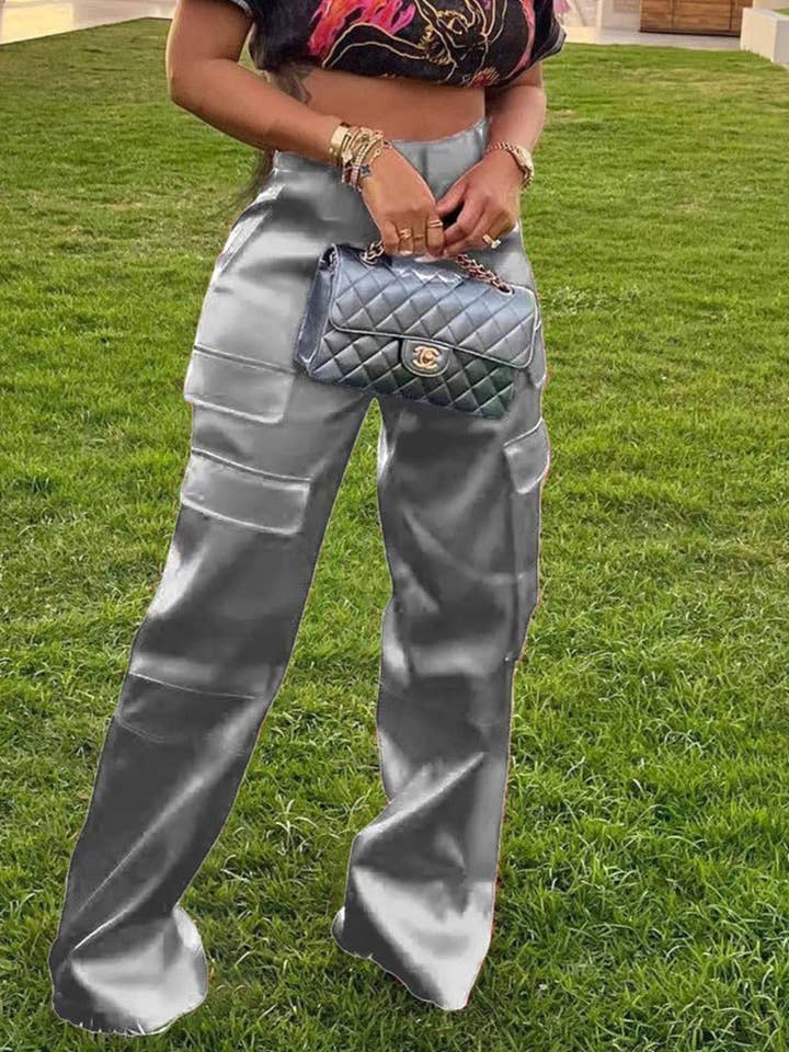 MB Fashion Wholesale - Wholesale Pants - Women's - MB FASHION High-Waisted Satin Cargo Pants Wide-Leg 7088LY0