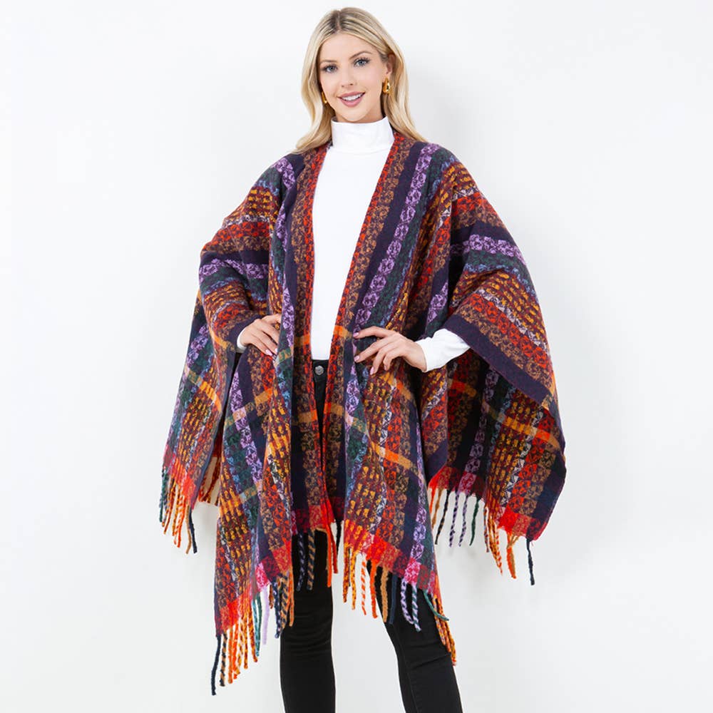 Sensibling Corp. – wholesale Poncho – Women's – Plaid Fringe Poncho Wrap Shawl4