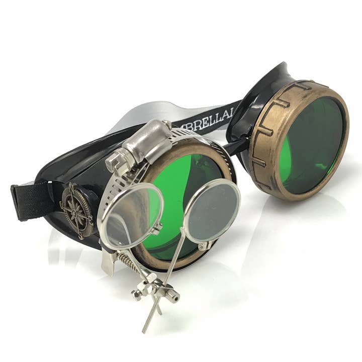 Lunettes Steampunk avec loupes grossissantes, verres verts pour la vente par UMBRELLALABORATORY