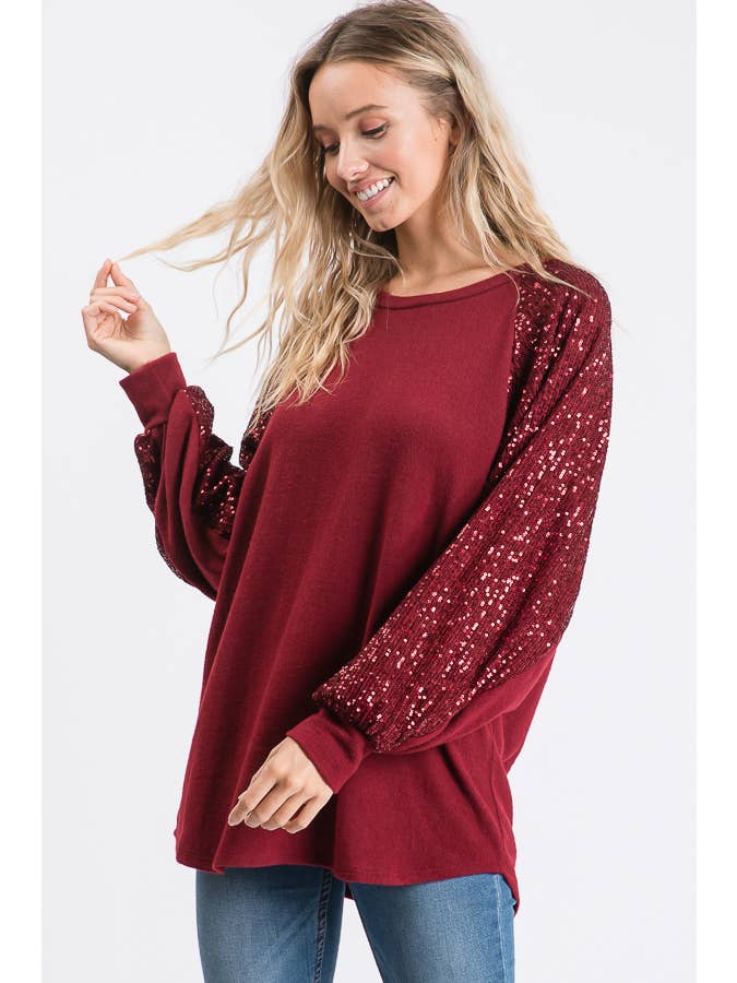 7th Ray - Wholesale Knit Top - Women's - Brushed Knit Sequin Bishop Sleeve Long Sleeve Top T29373