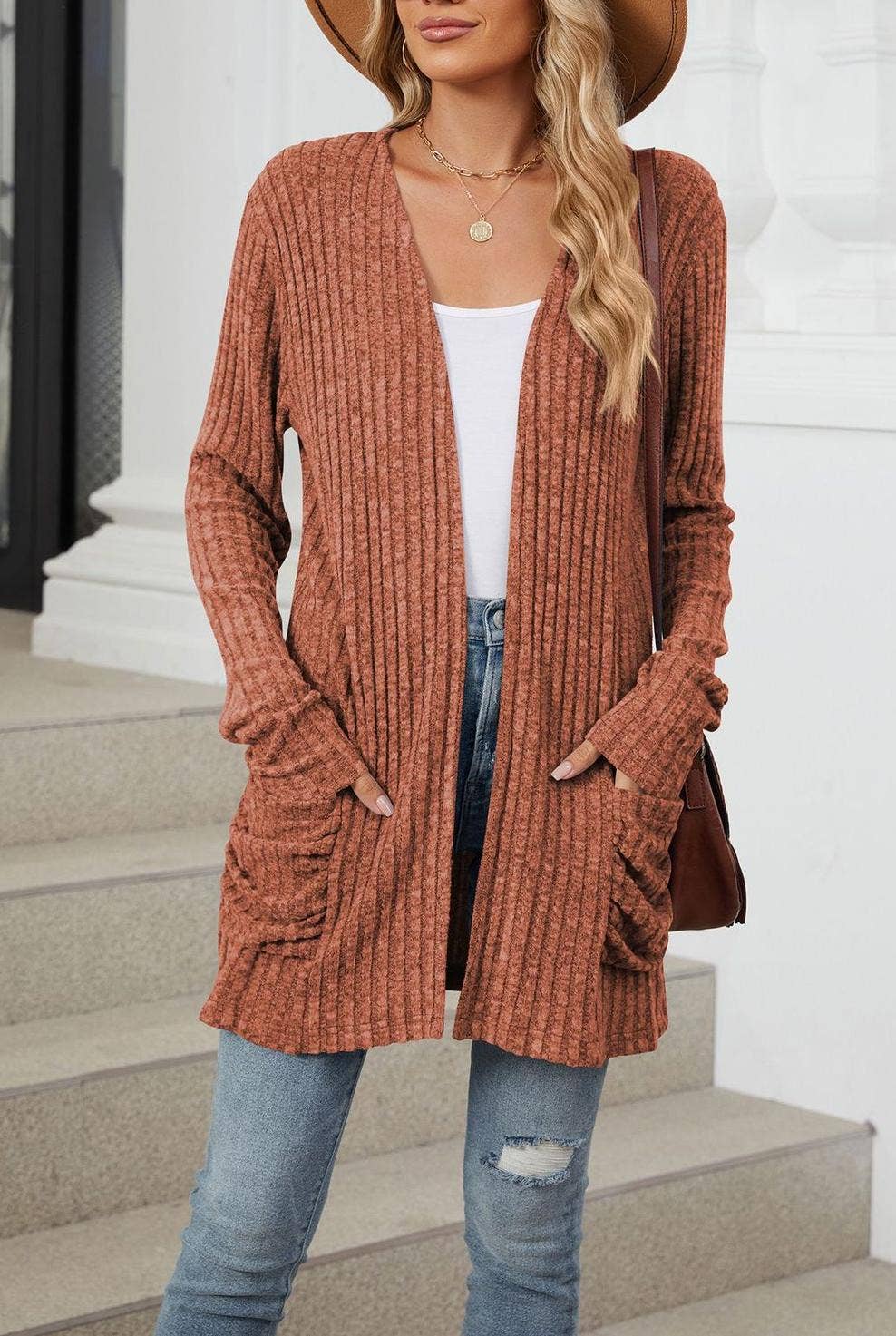 FULL TIME PURCHASE - Vente Cardigan – femme - Gilet en maille uni à manches longues avec poches1