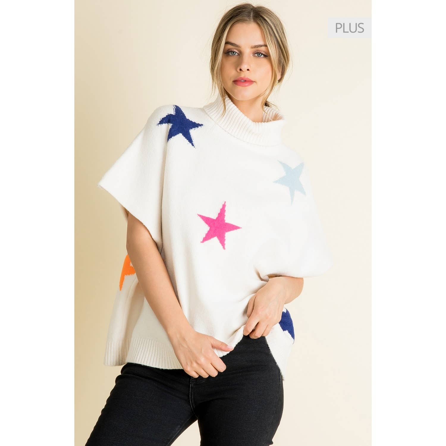 CREAM /Size XL/ Star Pattern Poncho for wholesale on Faire6