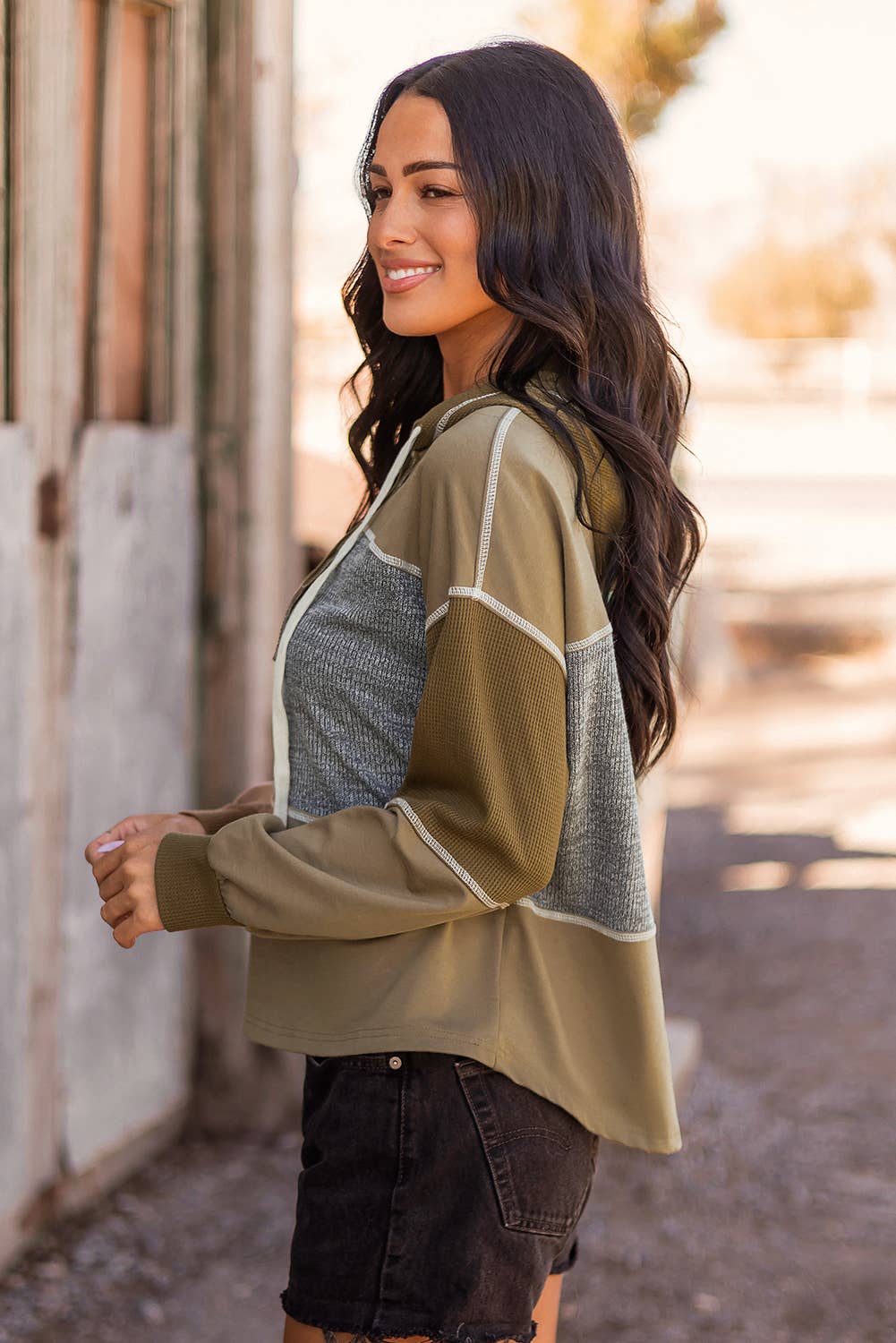 Jungle Green Mixed Texture Exposed Seam Half Button Pullover Sweatshirt for wholesale on Faire2