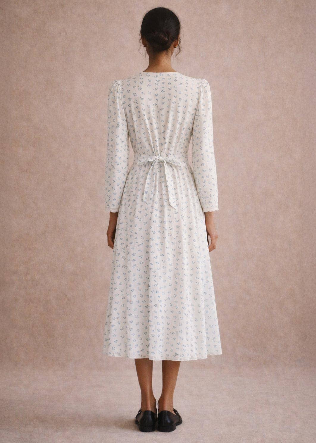 Atèlette - Wholesale Dress - Women's - White Blue Ditsy Floral Cotton Midi Dress - Emmeline Dress1