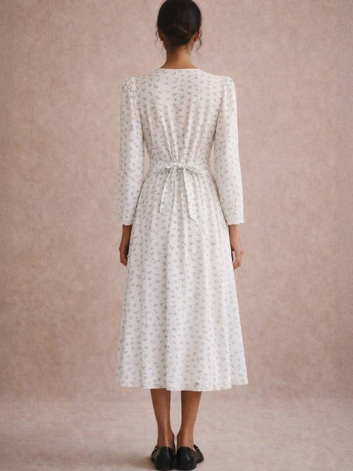 Atèlette - Wholesale Dress - Women's - White Blue Ditsy Floral Cotton Midi Dress - Emmeline Dress1
