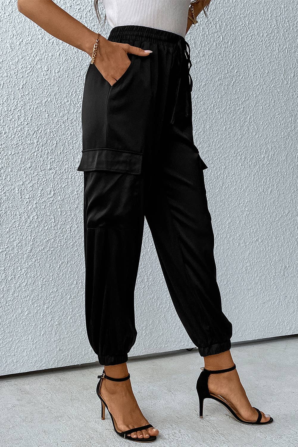 Black Satin Pocketed Drawstring Elastic Waist Pants for wholesale on Faire2