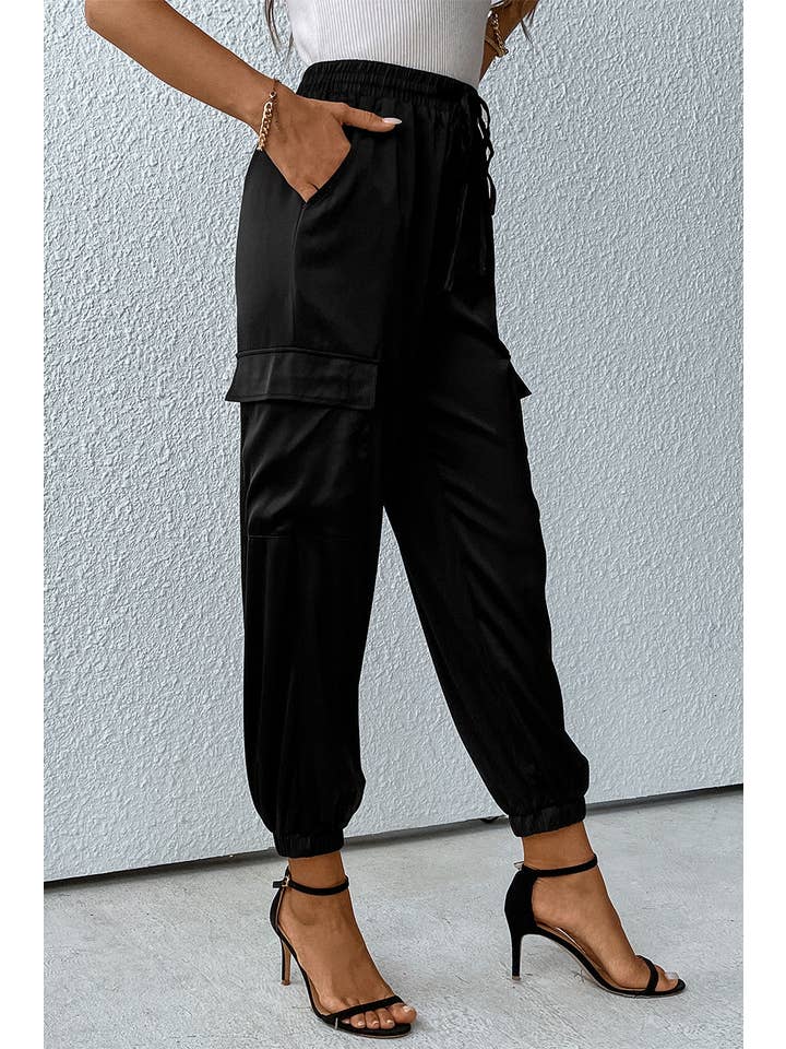 Black Satin Pocketed Drawstring Elastic Waist Pants for wholesale on Faire2