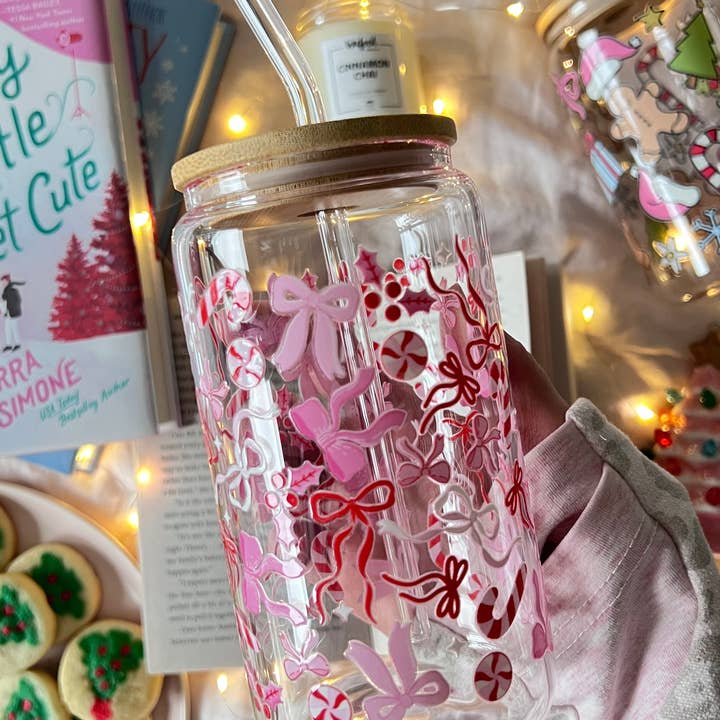 Pink Christmas Bow Glass Cup for wholesale by Glitter Paper Scissors