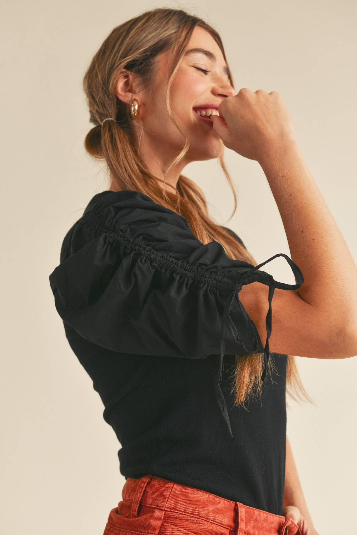 &MERCI - Wholesale Knit Top - Women's - RUCHED SLEEVE MIXED MEDIA TOP MSW246419