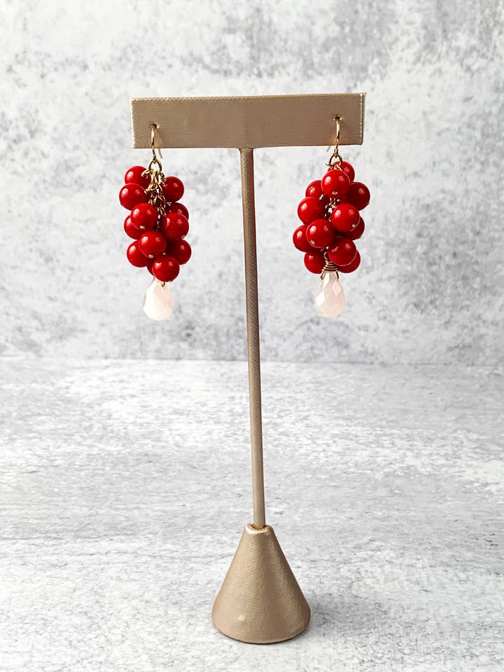 Red Coral and Pink Quartz Earrings for wholesale by Scarlette Dove