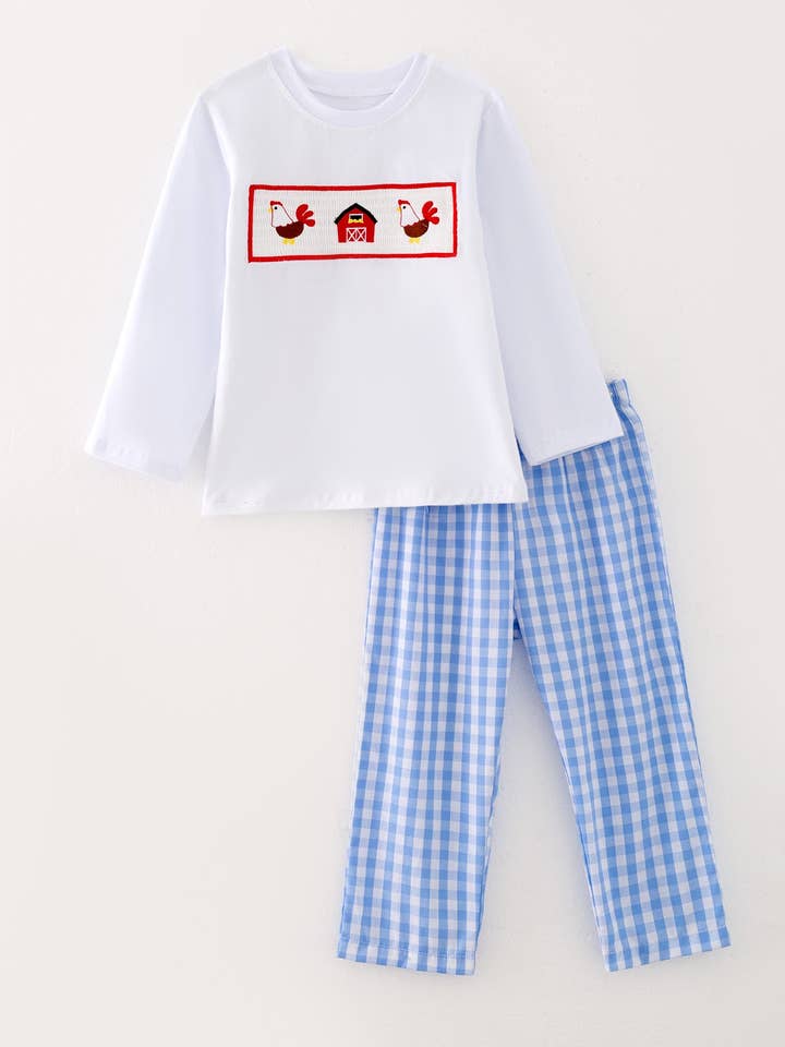 Rylee Faith Designs - Wholesale Top & Pant Set - Kids - Chicken Blue Smocking Embroidered Boys Outfits1