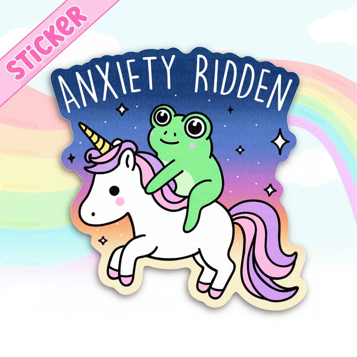 Adesivo per laptop sarcastico con rana ansiosa che cavalca un unicorno per la vendita all'ingrosso da parte di RoroDesignsLove