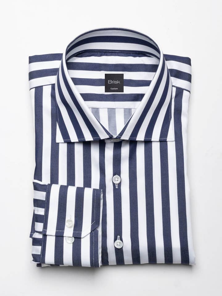 Super Fine 70's Navy Blue Bold Stripes Shirt - Wrinkle Resistant for wholesale by BRISK