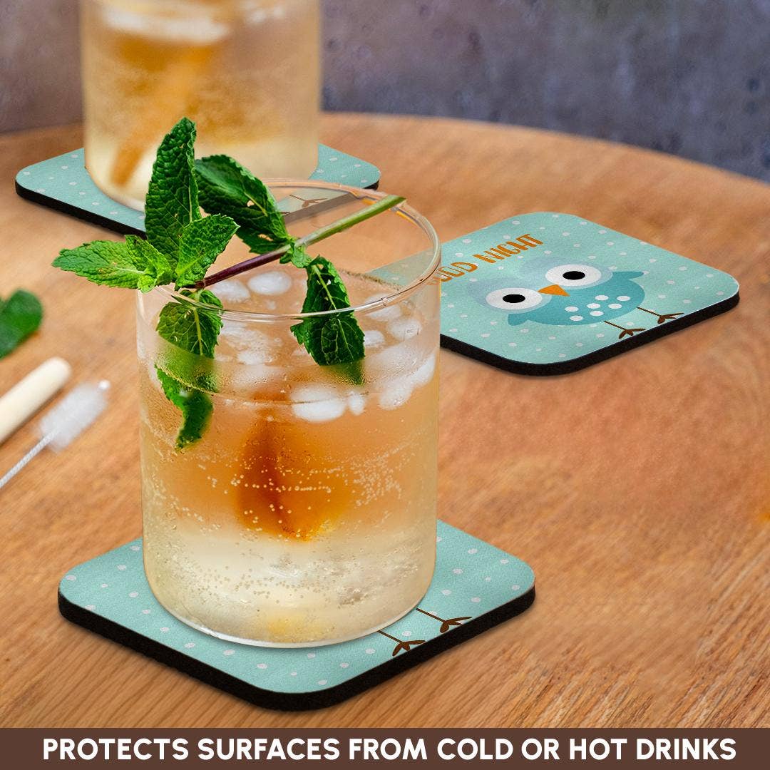 3dRose – wholesale Coasters – 3dRose, Cute Baby Woodland Owl Bird Typography On Blue Polkadots - Good Night, Coaster9