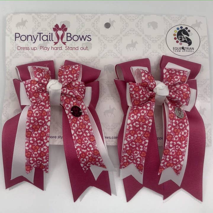 Noeuds en queue de cheval blancs à fleurs roses pour la vente par PonyTail Bows
