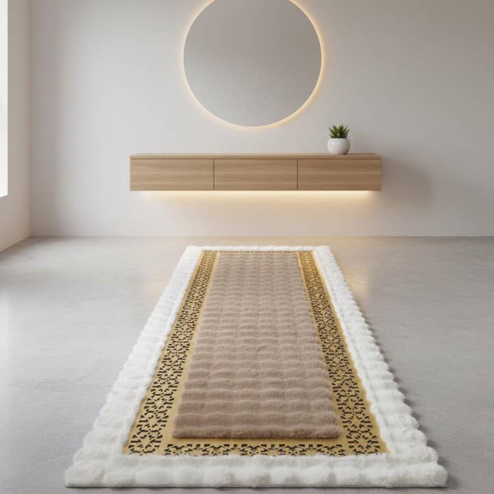 White and Brown Plush Runner, Gold Border Hallway Rug, Luxury Fur Carpet, Geometric Laser Cut Mat, Glam Entryway Decor, Soft Two Tone Runner for wholesale by Karelias And Sons