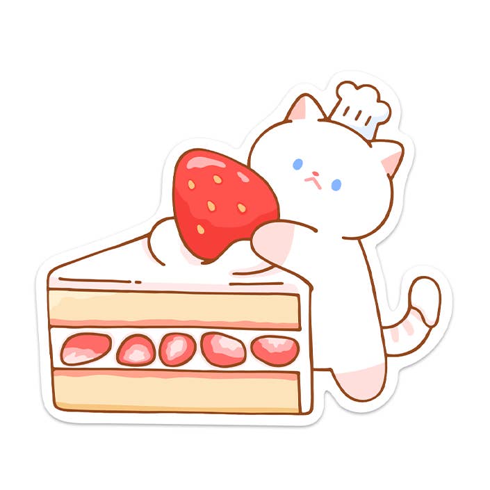 Katze und Erdbeerkuchen I Wasserdichter Vinylaufkleber für den Großhandel von Meowashi Studio