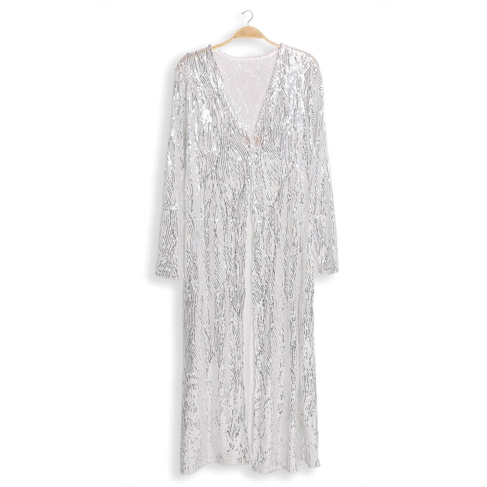 Pretty Attitude Clothing - Wholesale Kimono - Women's - Long Silver Sequin Kimono Sequin Duster Festive Cardigan  0