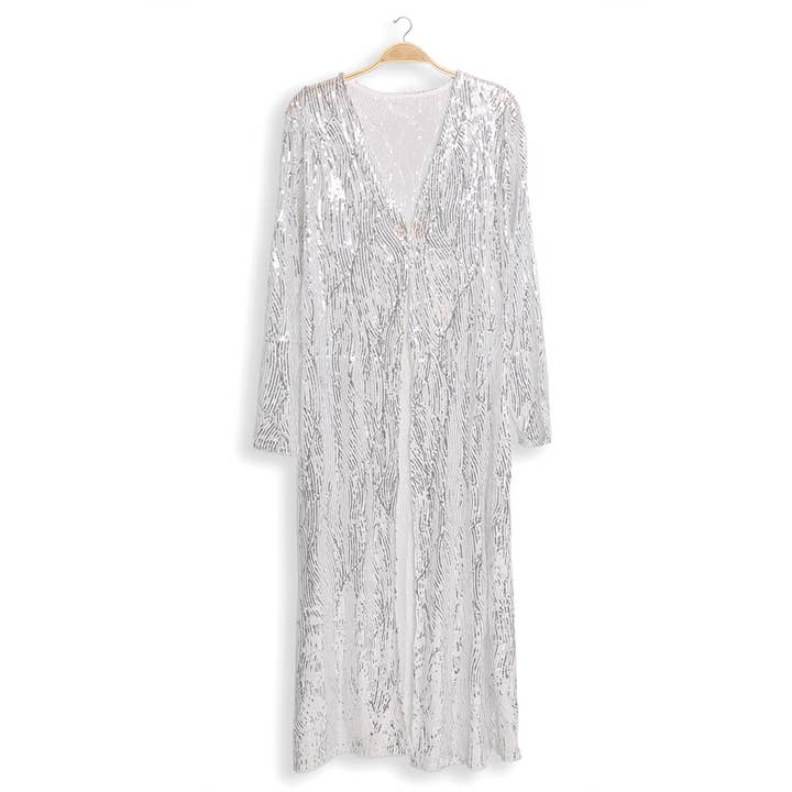 Pretty Attitude Clothing - Wholesale Kimono - Women's - Long Silver Sequin Kimono Sequin Duster Festive Cardigan 0