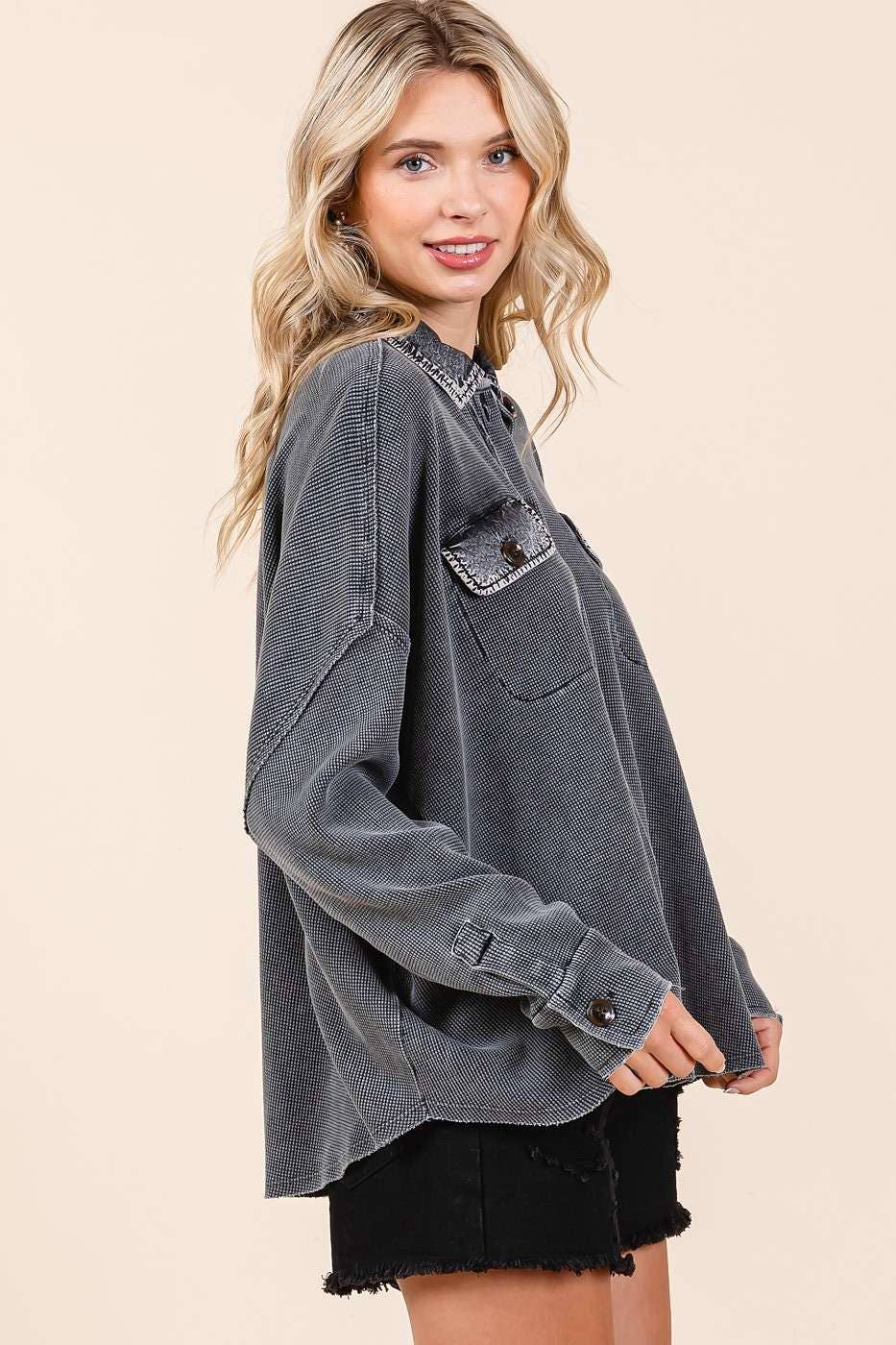 mittoshop - Vente Chemise à col boutonné – femme - HAUT HENLEY À COL GAUFRÉ DÉLAVÉ MINÉRAL4