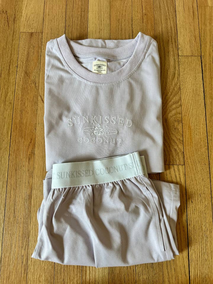 Italian Purple Basic Watercolor Embroider Tee for wholesale on Faire