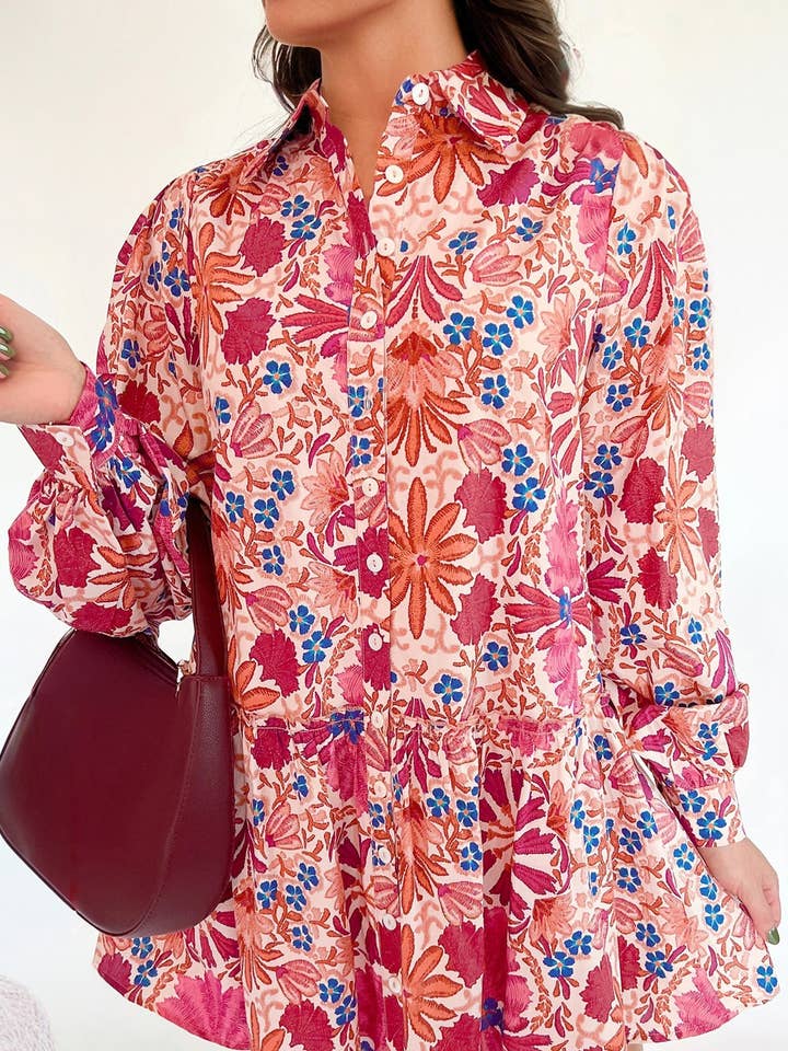 Red Fall Flower Print Long Sleeve Mini Dress for wholesale by Sweet Lover Fashion