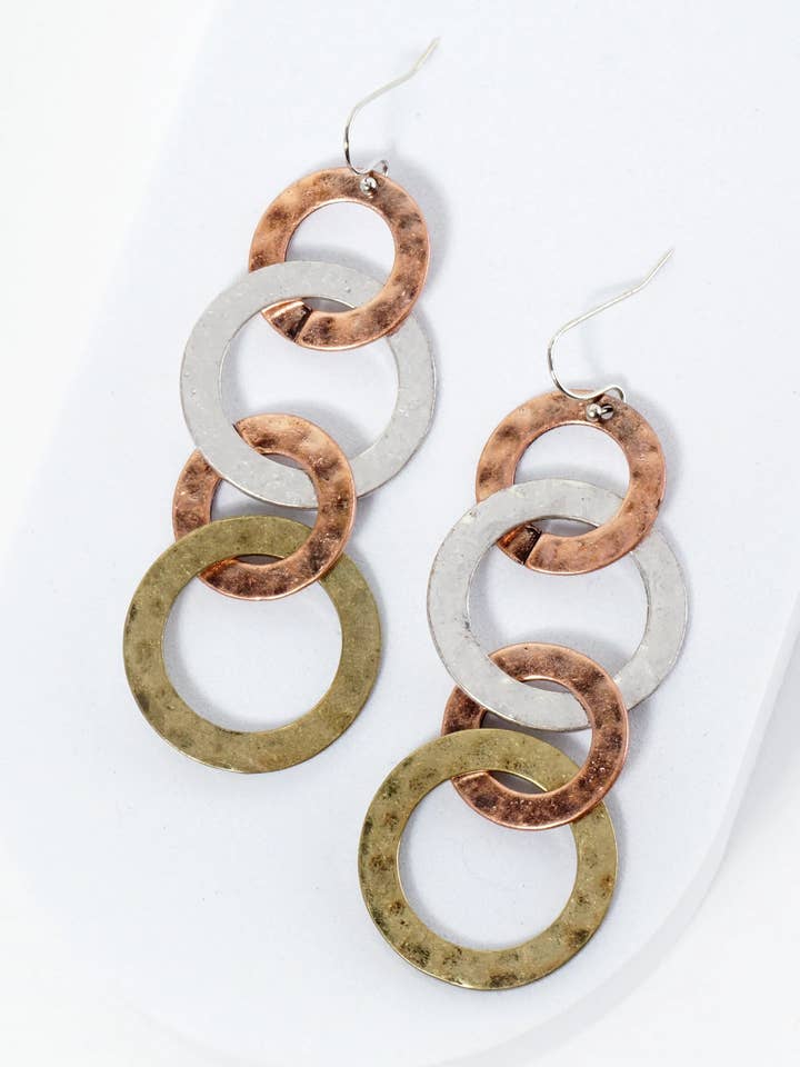 Four Interlocking Hammered Circles Drop Dangle Earrings for wholesale by Wild Honey