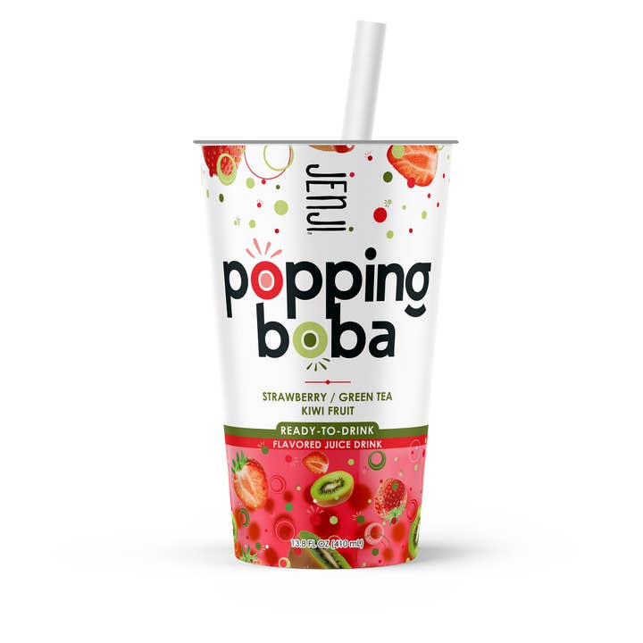 Jenji Popping Boba Strawberry Kiwi Green Tea 12/13.8 oz. Cups with Straw for wholesale by JENJI