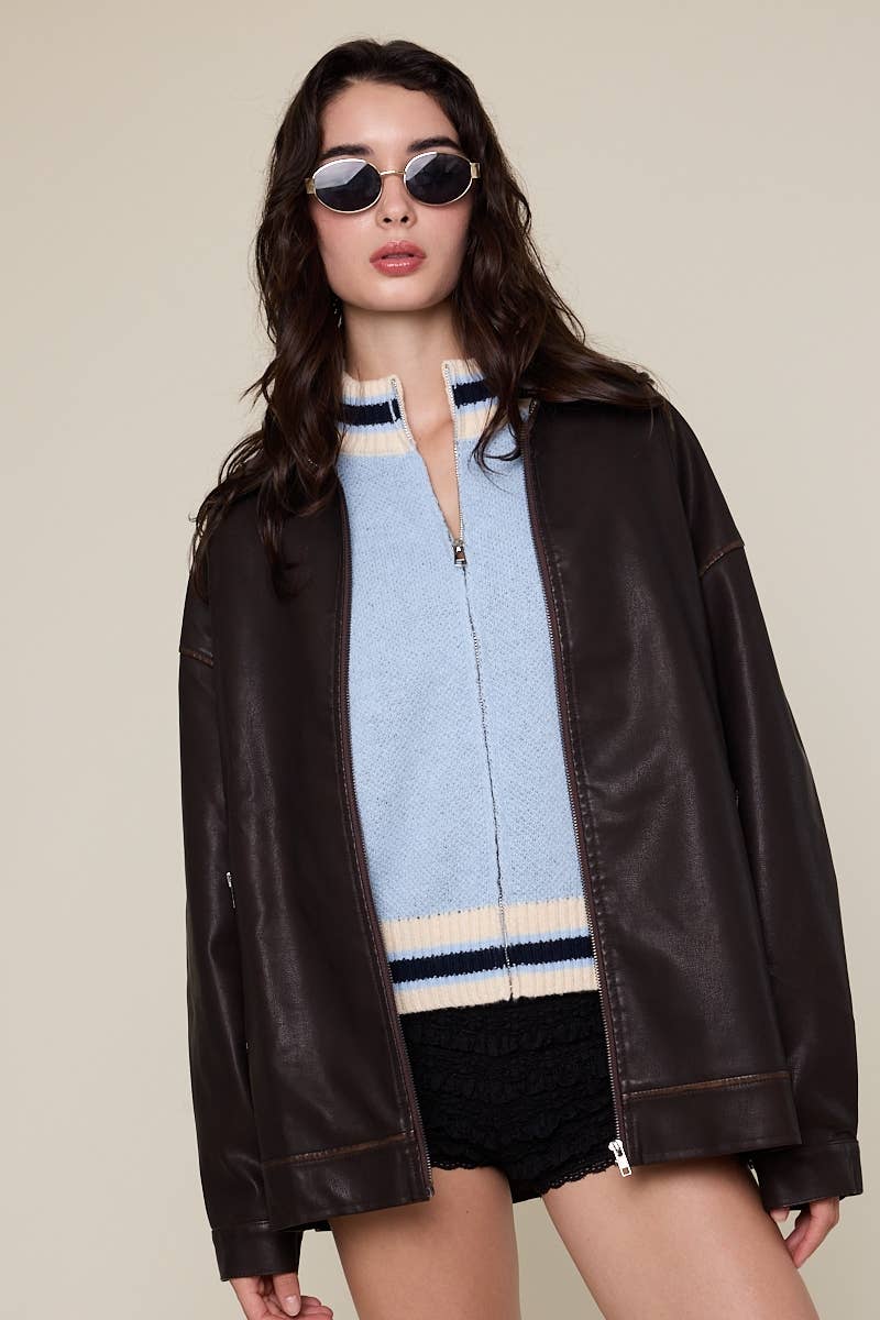 Sky to Moon - Wholesale Leather Jacket - Women's - FAUX LEATHER COLLARED OVERSIZED CASUAL JACKET5