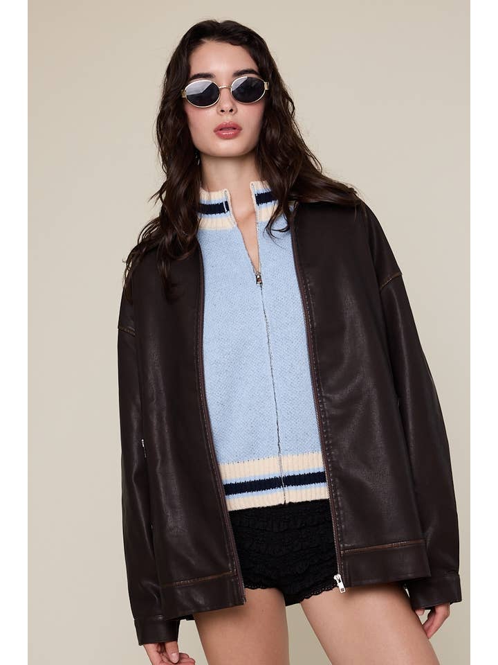 Sky to Moon - Wholesale Leather Jacket - Women's - FAUX LEATHER COLLARED OVERSIZED CASUAL JACKET5