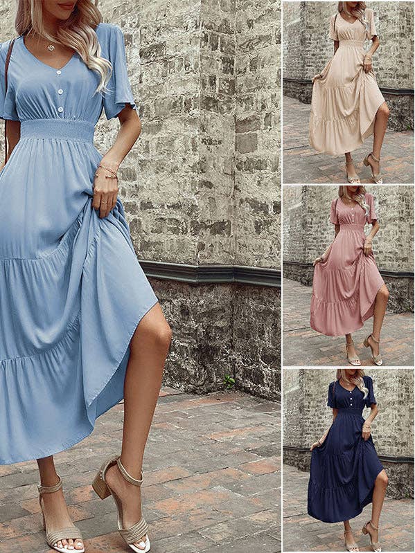 Robe midi à encolure en V et taille smockée été 2026 pour la vente par Lovesoft