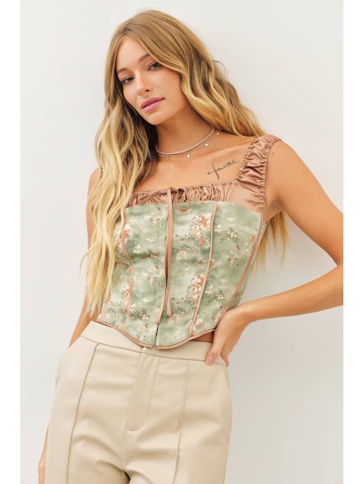 OLIVE ELEGANT FLORAL SATIN COLOR-BLOCK BUSTIER TOP for wholesale on Faire