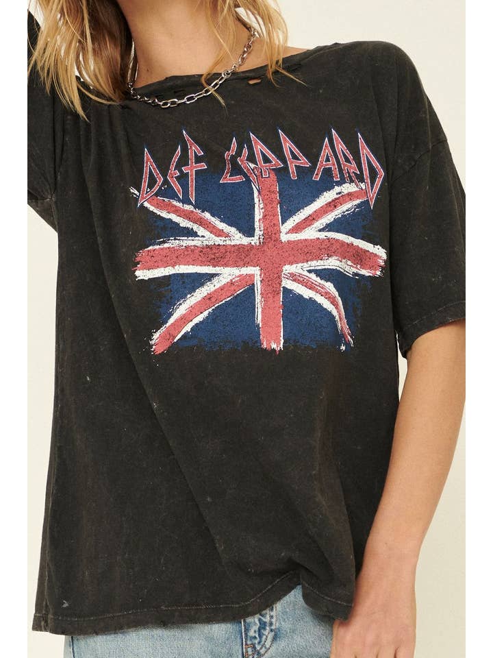 Charcoal Def Leppard Union Jack Distressed Graphic Tee for wholesale on Faire
