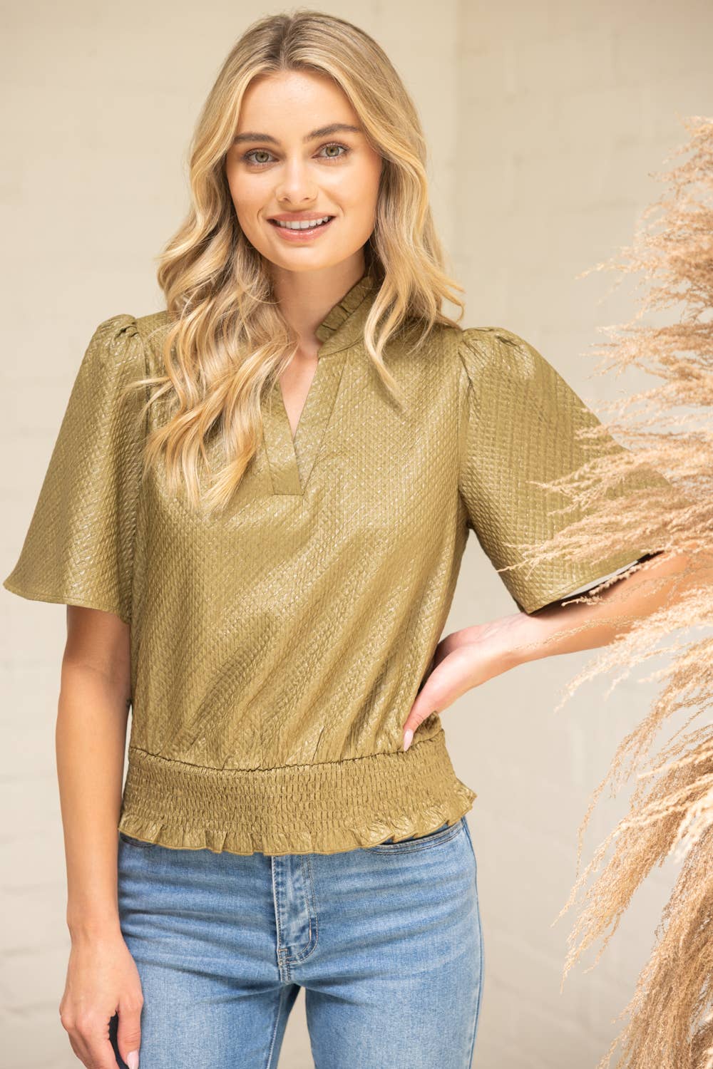 VOY - Wholesale Blouse - Women's - 35926 Smocked Hem and Solid Textured Top