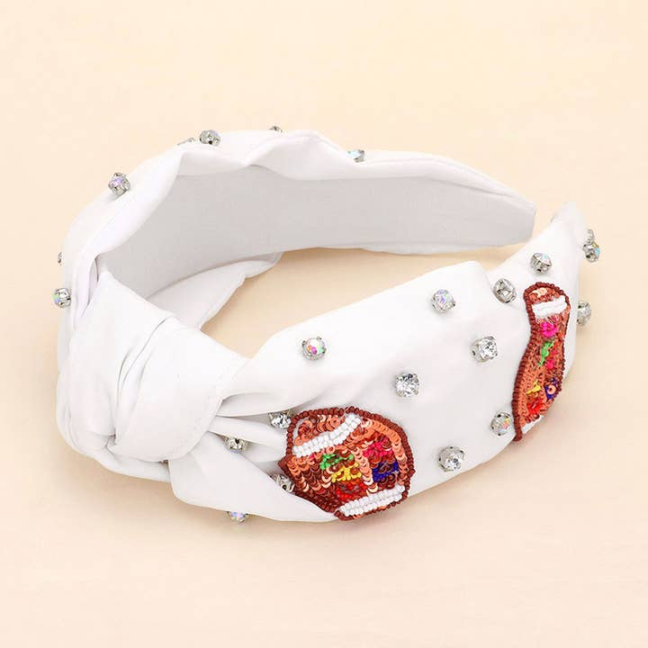 Gameday Football Sequin Seed Beaded Stone Cluster Embellished Knot Headband for wholesale by Sensibling Corp.