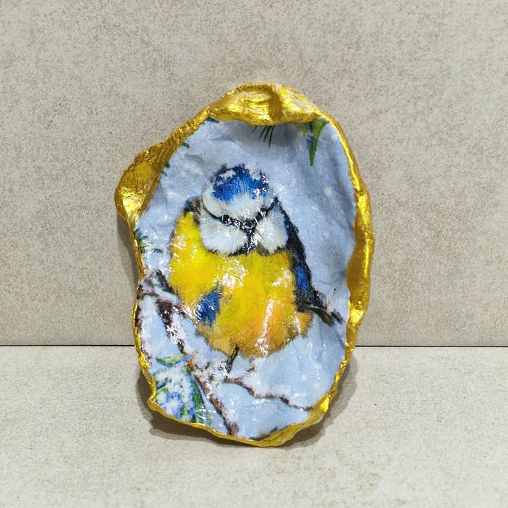 Bee my Oyster - Wholesale Jewellery dish - Winter Blue Tit Bird in Snow Oyster Shell Trinket Dish