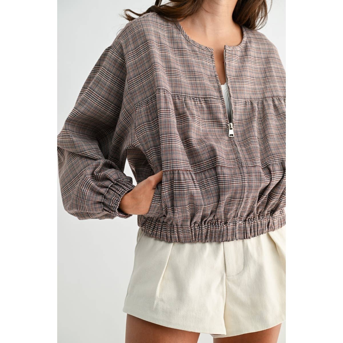 BROWN PLAID BALLON SLEEVE ZIP-UP JACKET  for wholesale on Faire6