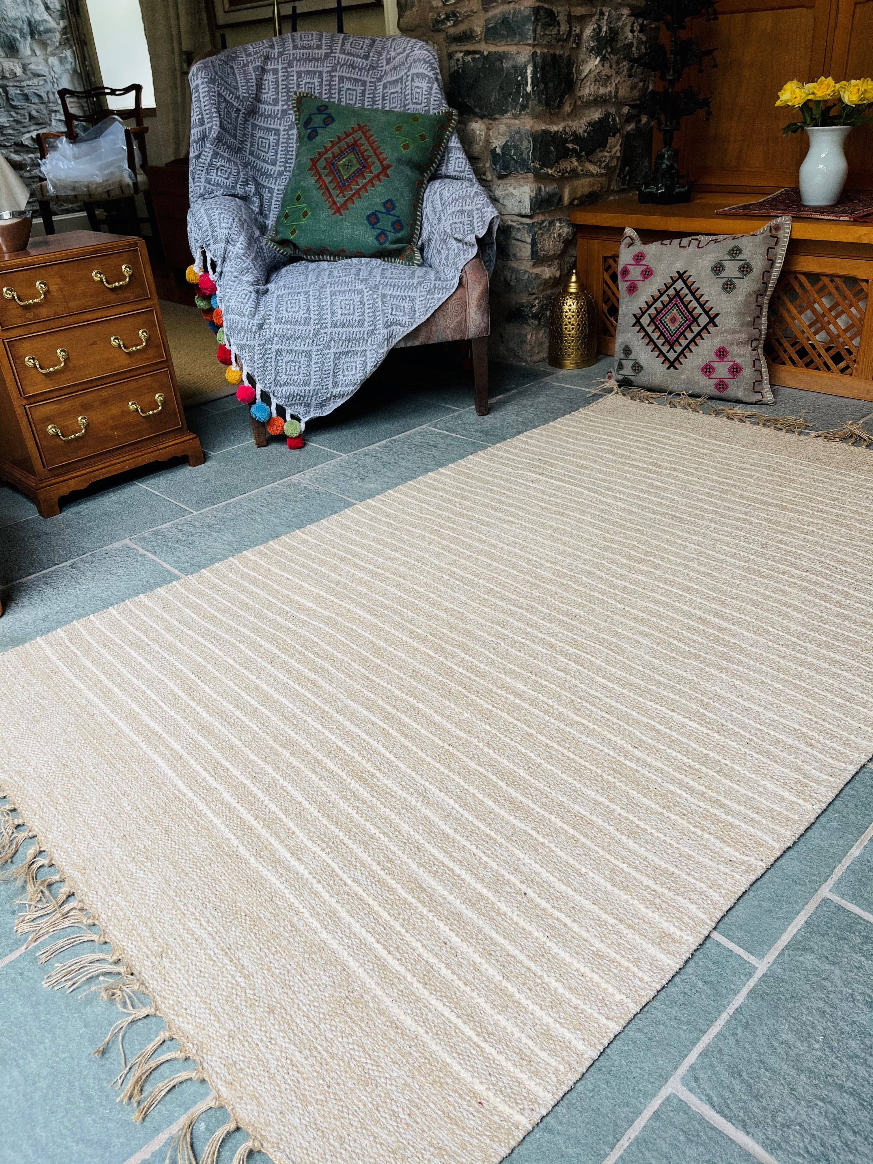 Second Nature Online – Tapete por atacado – Tapete Bekal de algodão e juta, tecido plano bege com faixas listradas4