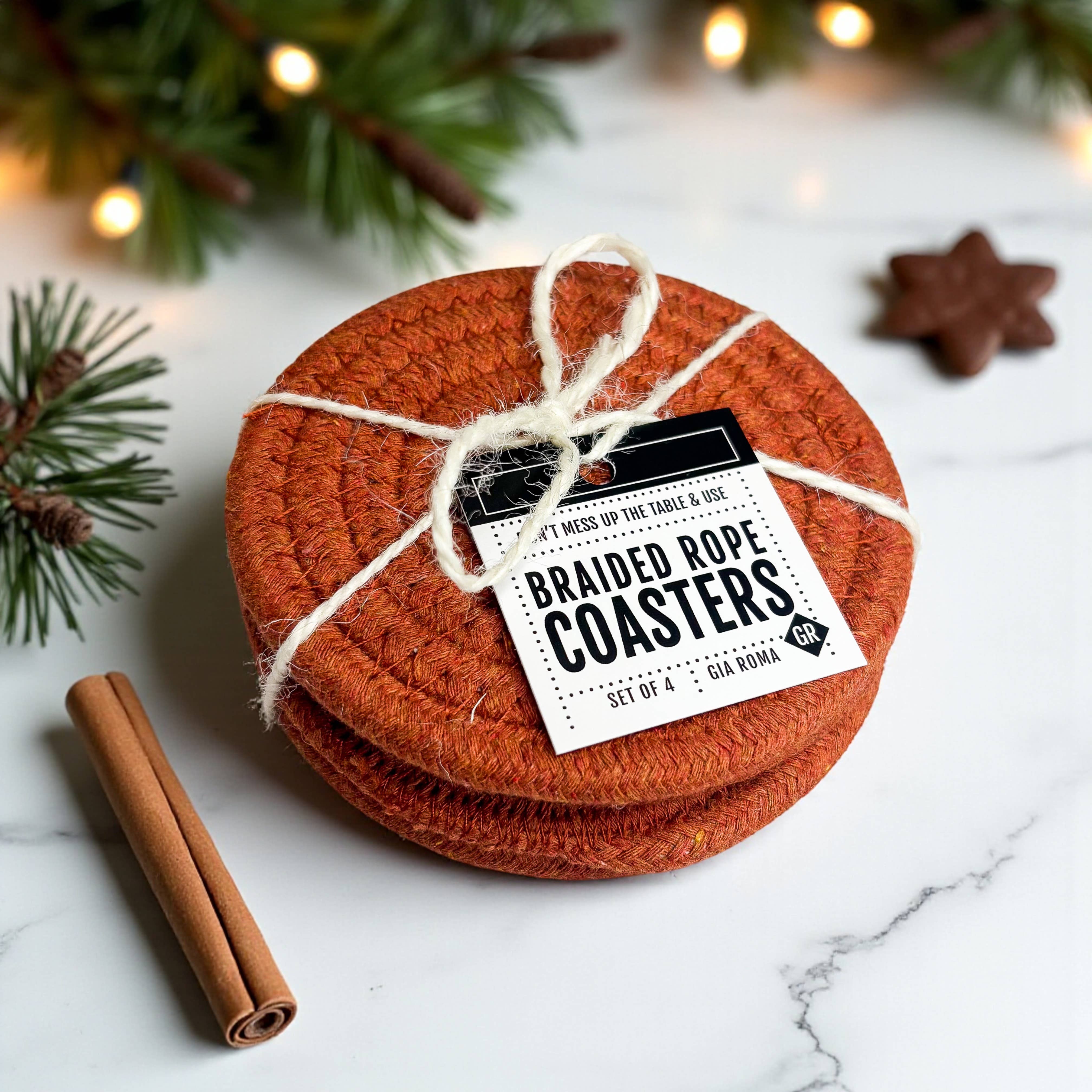 Gia Roma - Wholesale Coasters - Christmas Coasters, Red Candy Cane Braided Cotton Fabric Set70