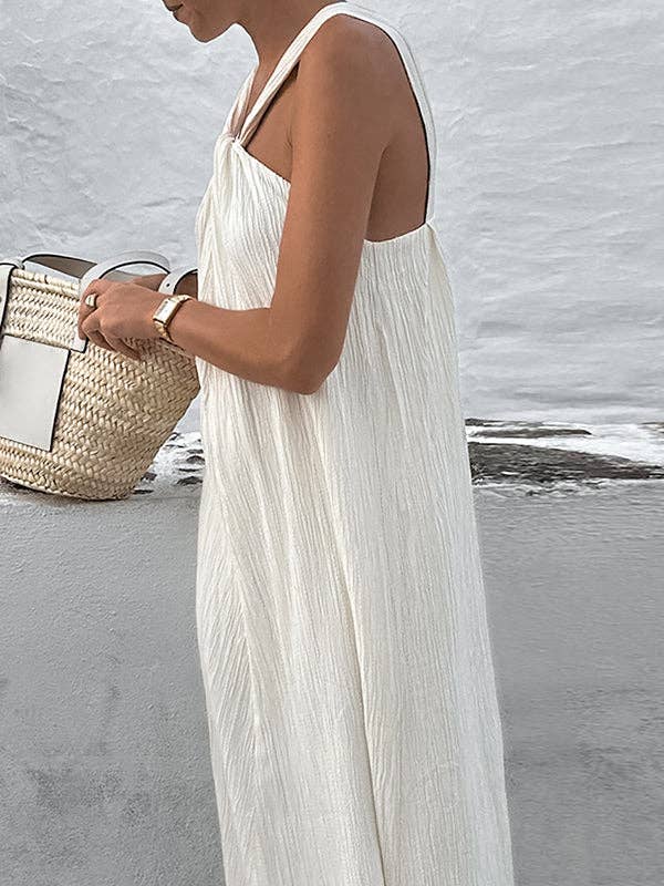 BEIGE Loose Sleeveless Pleated Solid Color Spaghetti-Neck Maxi Dresses for wholesale on Faire