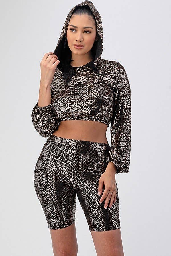 Guld Lurex hættetrøje langærmet crop top og biker kort sæt1297sæt for engroshandel på Faire3