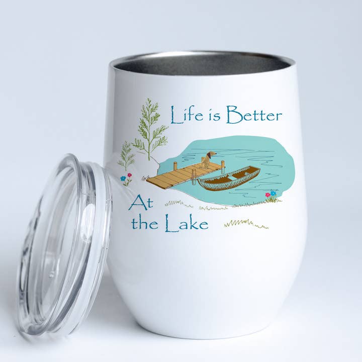Lake Wine Tumbler | Lake Dock Illustration | Cabin Decor for wholesale by The Traveled LaneĀ®