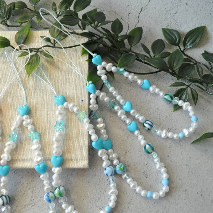 TheMellys – wholesale Phonecase strap – Freshwater Pearl Blue Heart Phone Strap, Y2K Phone Chain