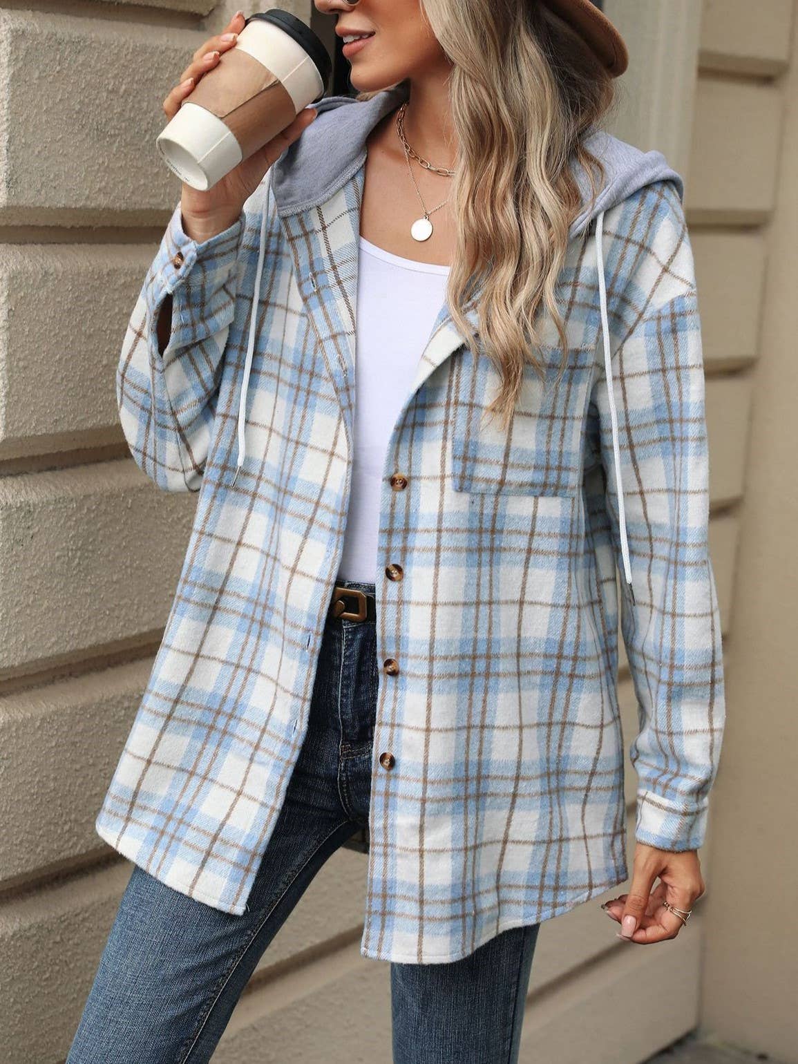 HIDDENBRAND - Wholesale Hoodie - Women's - Drawstring Plaid Hooded Shirt Jacket