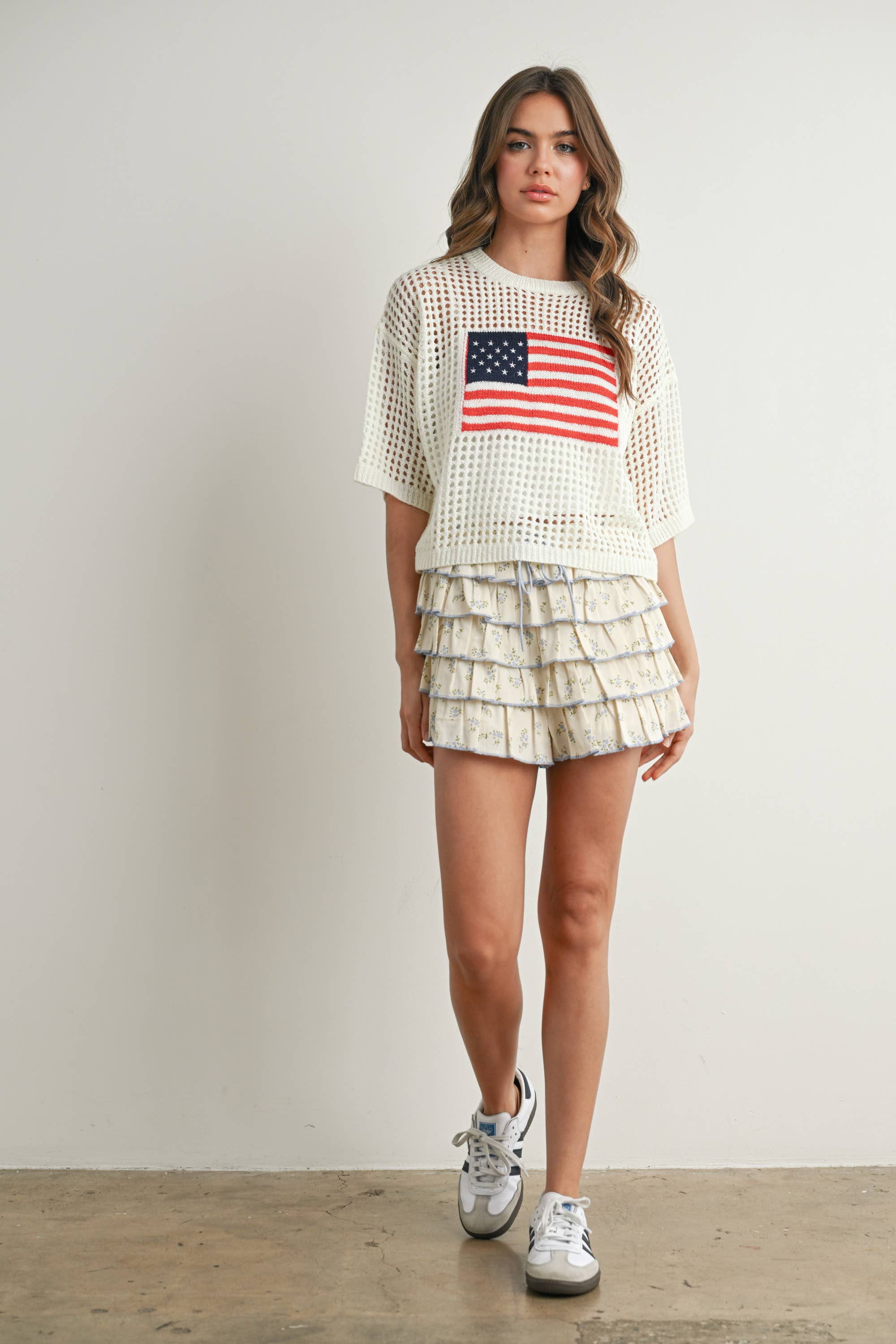 BUTTERMELON - Wholesale Knit Top - Women's - Flag Print Open Knit Crochet Sweater Top - BMW773519