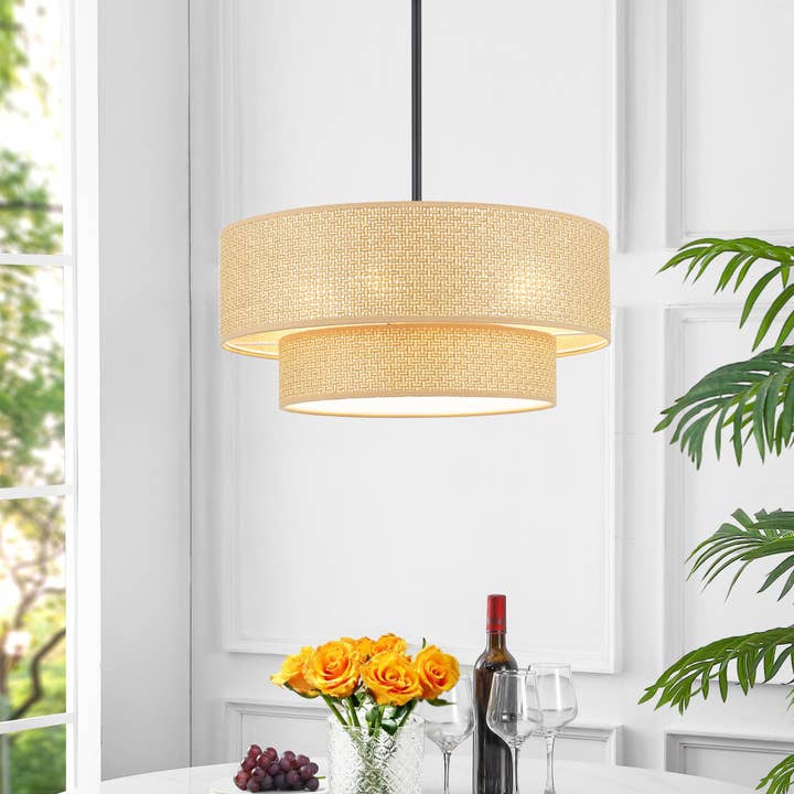 Suspension en rotin moderne tissée naturelle 18" 4 lumières noir pour la vente par Brio Lighting