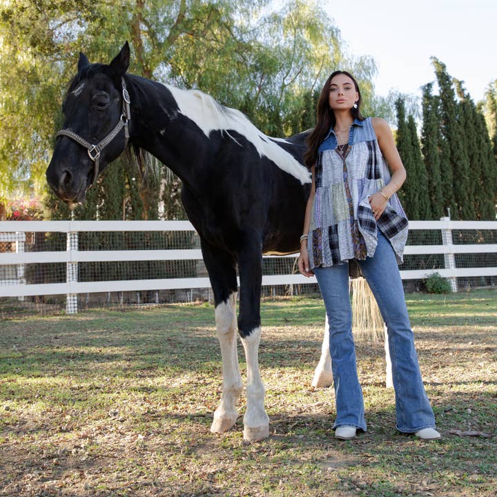 Young Threads - Wholesale Button Down Shirt - Women's - Boho Chic Nomad Patchwork Buttondown Top Sleevel (New Color)45