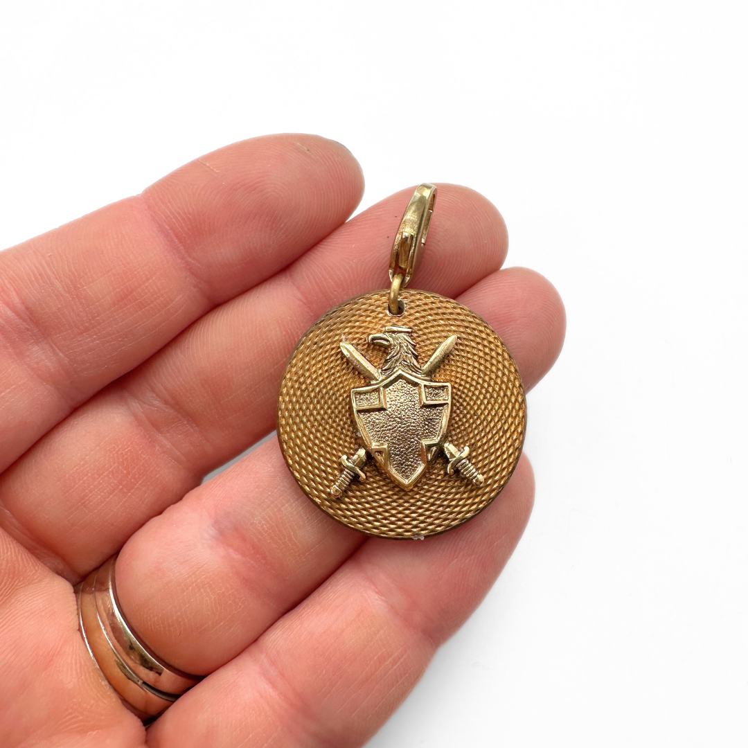 Lulu’s Petals - Wholesale Individual Charm/Pendant - Antique gold textured French button charm with shield embellishment1